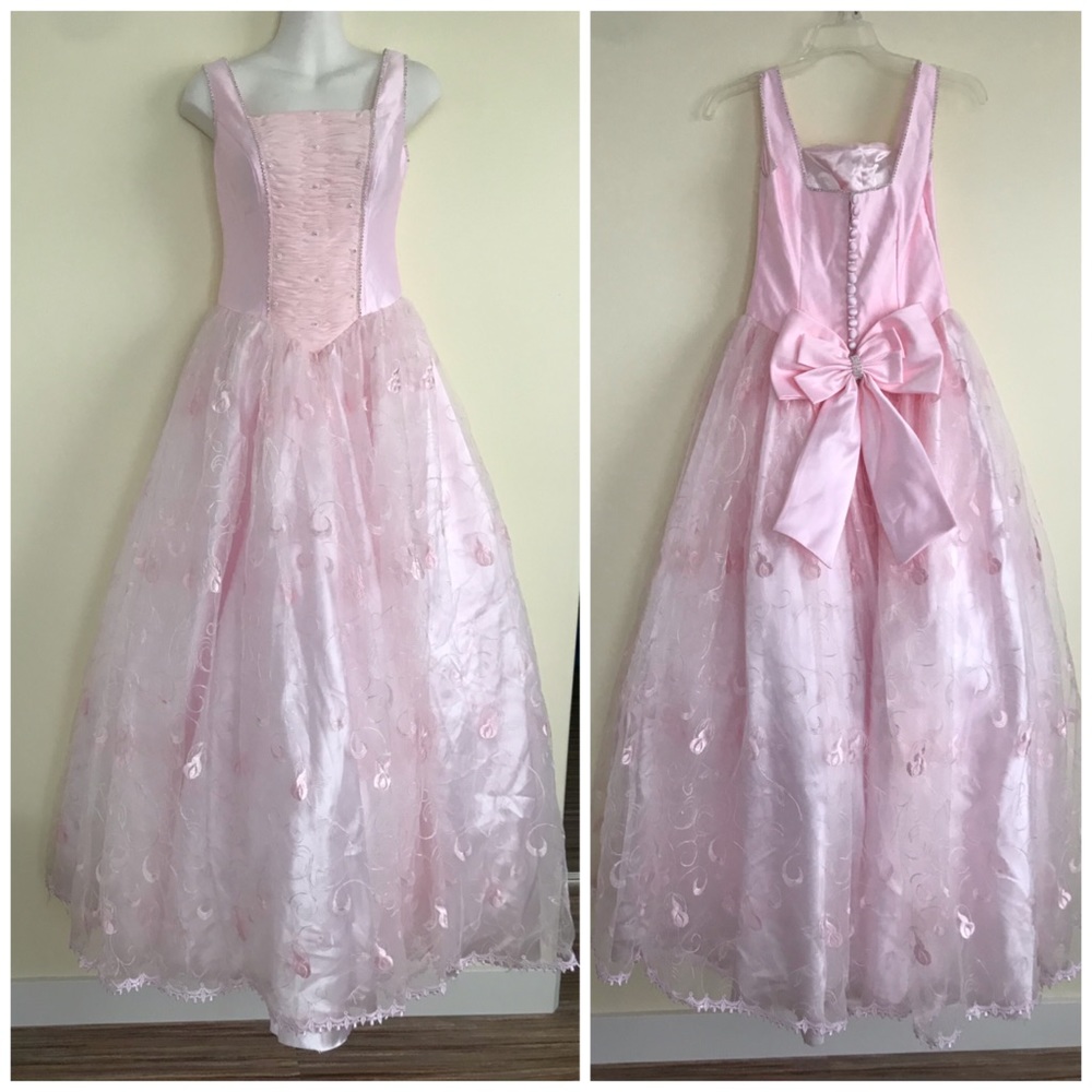 Pastel Pink Satin & Embroidered Tulle Prom Dress Princess Bow Ballgown